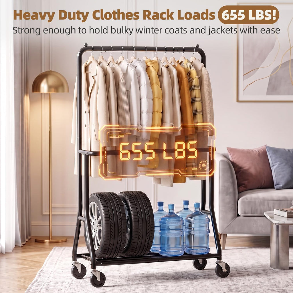 Heavy Duty Clothes Rack with Wheels, Double Rod, 655 lb, Black