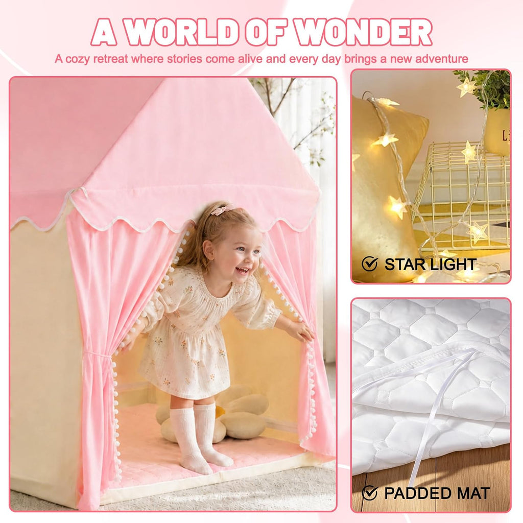 Kids Play Tent Indoor Playhouse, Princess Tent with Mat & Star Lights Pink