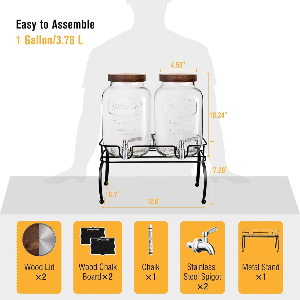 Glass Drink Dispenser for Parties, 1 Gallon Beverage Dispenser with Stand and Spigot Solid Stainless Steel, Used as
