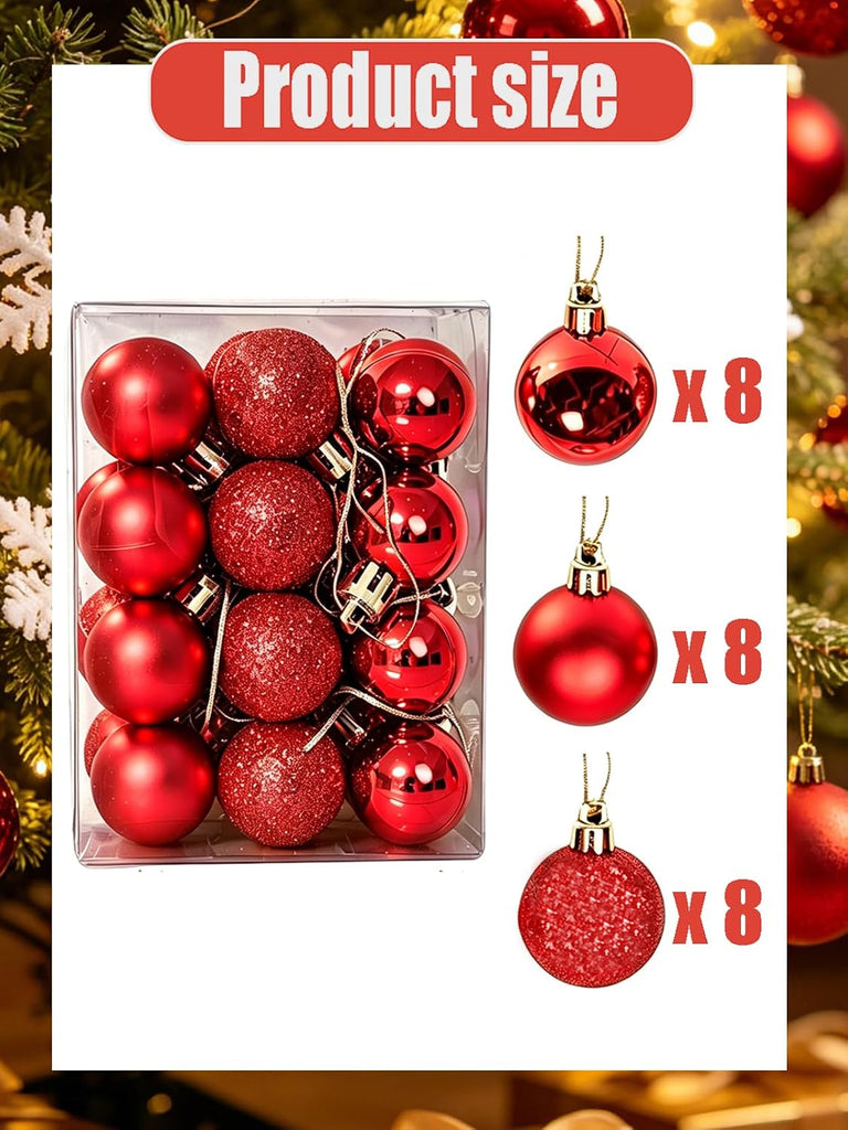 Mini Shatterproof Christmas Balls, 3cm/1.1'' Xmas Tree Ornaments Hanging Ball for Birthday Halloween Holiday - Set of 24