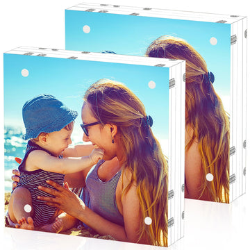 2 Pack 8x8 Acrylic Picture Frames, 24mm Thicker Square Frameless Clear Frame Double Sided Magnetic Frame, Free