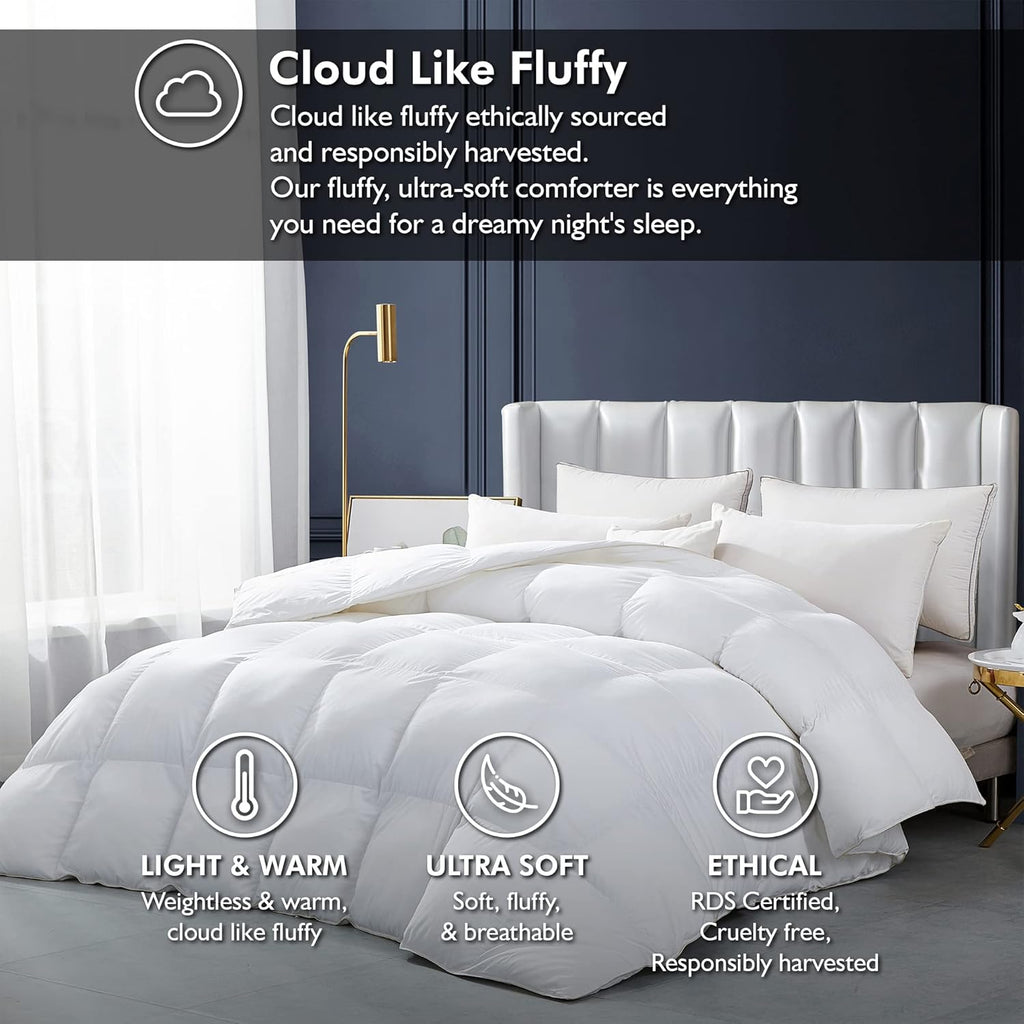 Luxurious White Solid Heavy Weight, Twin Goose Feathers Down Comforter for Winter Weather Duvet Inse