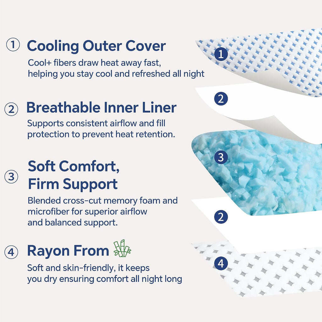 King Size Pillows Set of 2, Cooling Shredded Memory Foam Pillows | Adjustable Loft, Balanced Support, Medium Firm