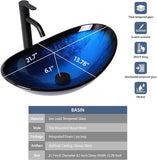Glass Vessel Sink Bathroom Sink 21" Artistic Boat Shaped Black Blue Tempered Vessel Sink with Black Faucet Pop Up