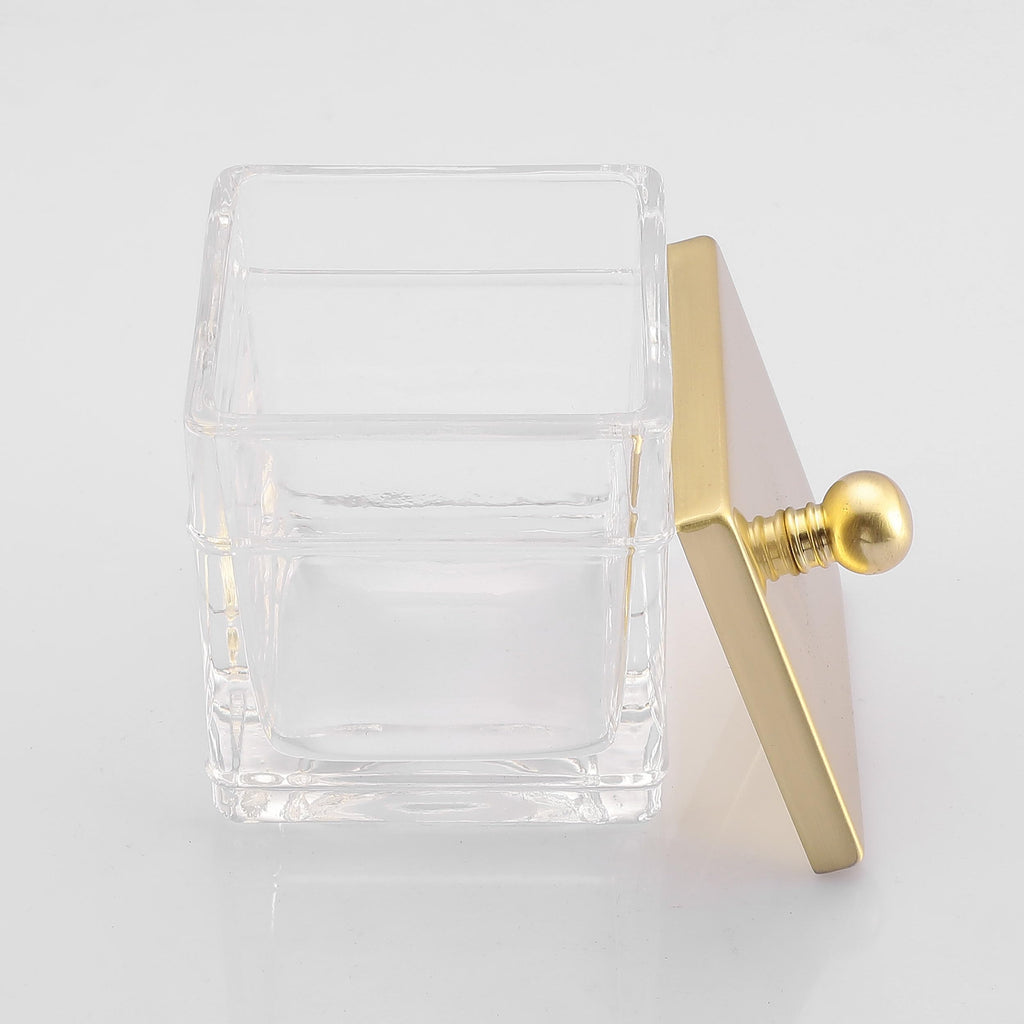 Glass Cotton Jar Holder 2 Pack- Brushed Gold Lid, Elegant Bathroom Storage Canister for Qtips, Cotton Balls, Floss