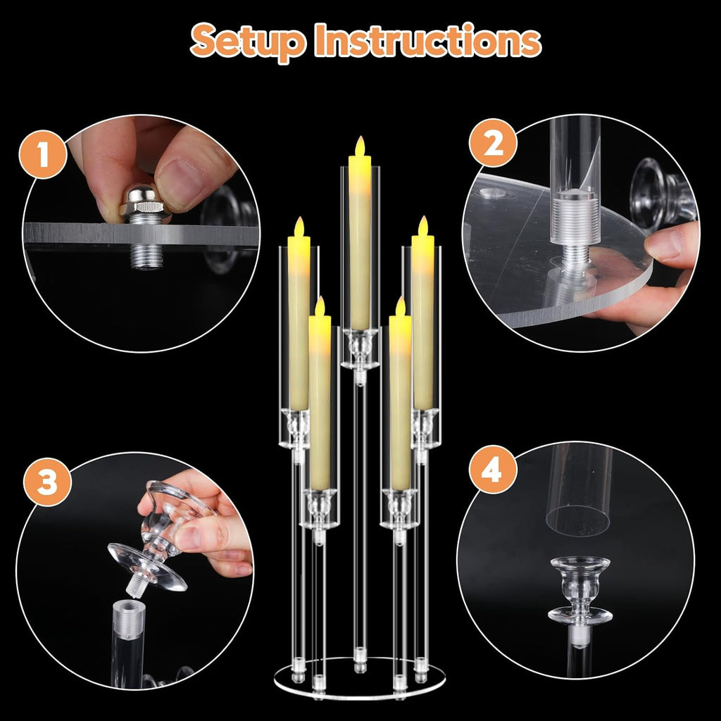 2 Sets 5 Arms Acrylic Candelabra Centerpieces for Tables, 27" Clear Candle Holder,Candlesticks Holder with LED Candles