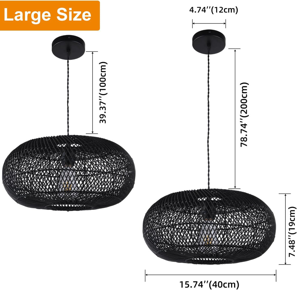 Rattan Pendant Light 15.75" 1-Light Hand-Woven Bamboo Rattan Hanging Lamp Large Globe Wicker Chandelier Modern