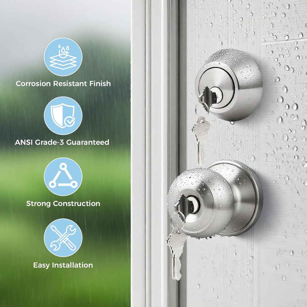 2 Pack Keyed Alike Door Knob and Double Cylinder Deadbolt Set, Exterior Door Lock Set, Double Keyed Door Knob, Satin