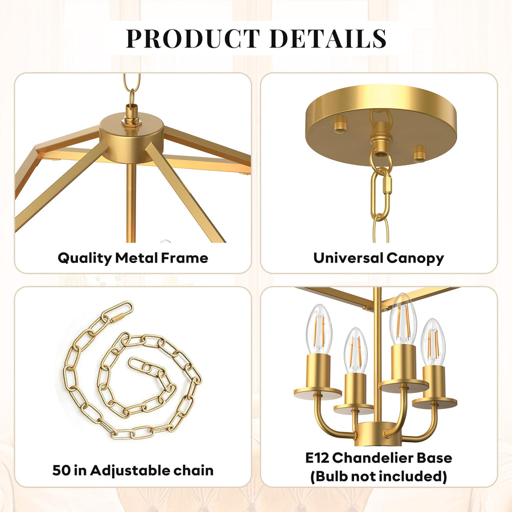 4-Light Gold Chandelier, Modern Farmhouse Lantern Light Fixture