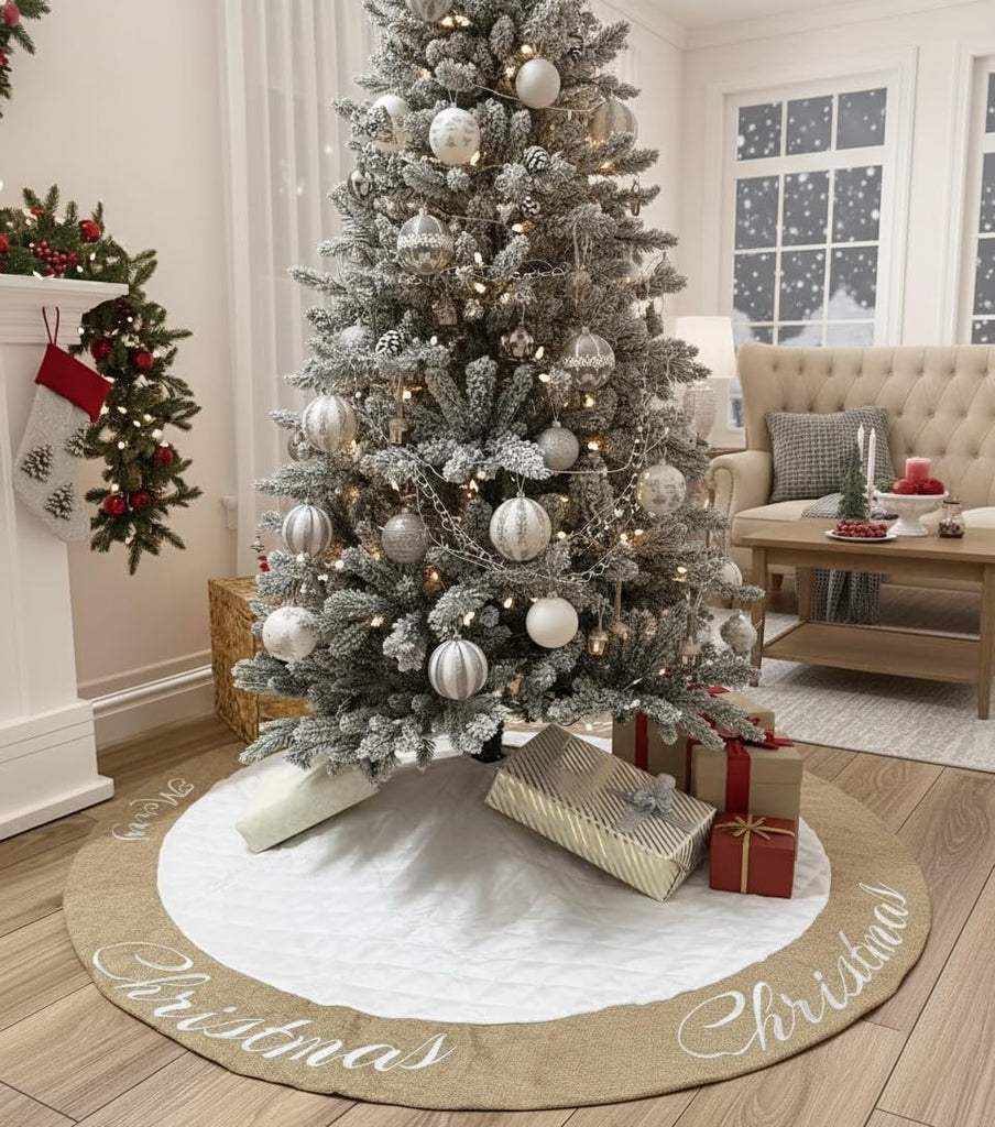 48 Inch Christmas Tree Skirt White Thick Luxury Quilted Cotton with Burlap Decoration for Merry Christmas Party