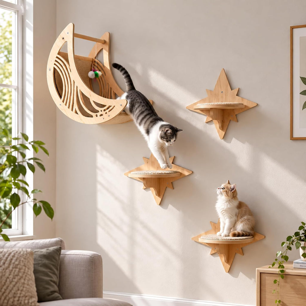 Cat Wall Shelves, Wooden Cat Wall Furniture with Moon Bed & 3 Star Steps, Cat Climbing Wall System, Floating Cat
