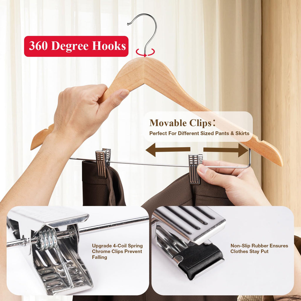 Wooden Hangers with Clips 24 Pack Wooden Pants Hangers, Skirt Hangers with Adjustable Clips, Hangers for