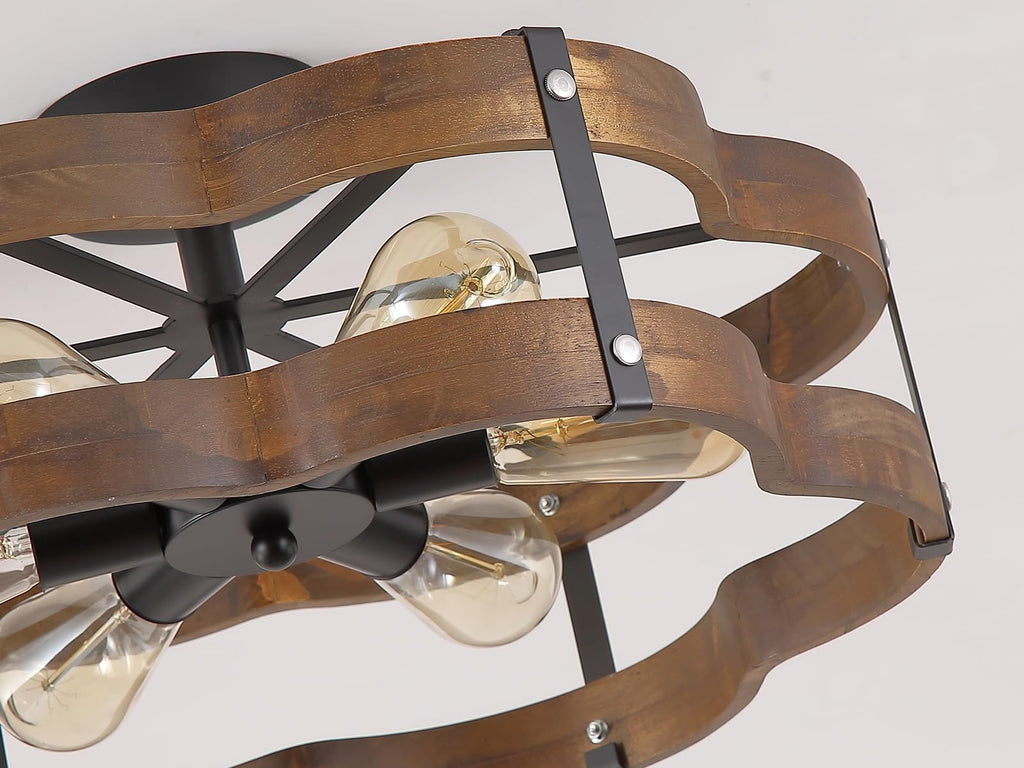 6-Light Rustic Farmhouse Wood Flush Mount Ceiling Light Fixture 20 inch Oak Wood and Metal Cloud Cage Semi Flush