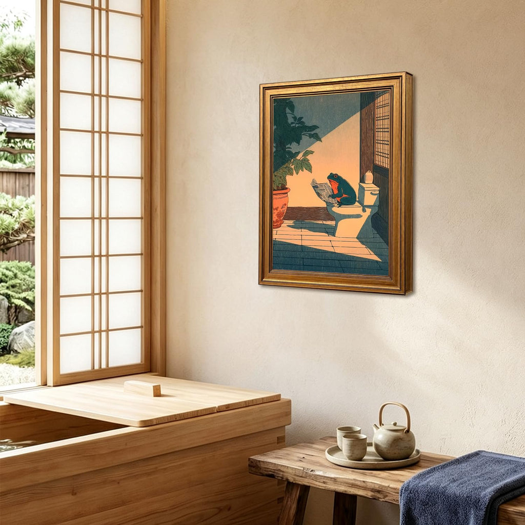 Vintage Gold Framed Bathroom Wall Art, Funny Japanese Frog Reading Newspaper on Toilet Pictures Wall Decor, Whimsical