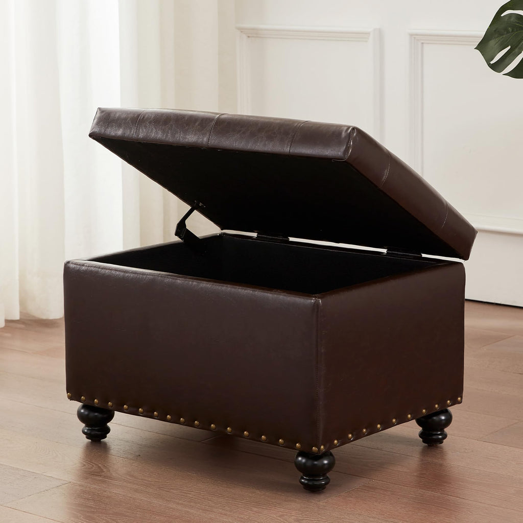 Leather Ottoman with Storage, Upholstered Button Tufted Ottoman Foot Rest, Foot Stools, 24" Rectangle Ottomans with