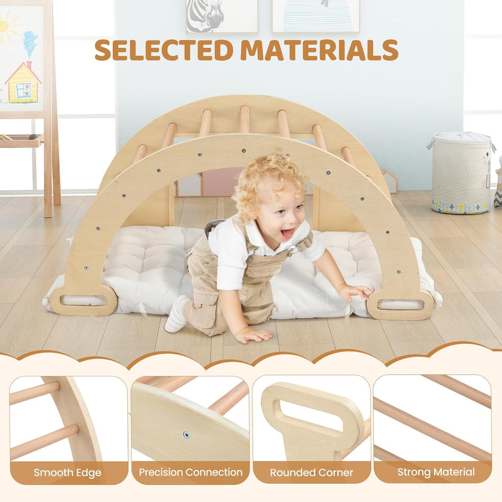 In-1 Triangle Climber Arch Rocker with Cushion Sensory Table Set for Kids, Montessori Wooden Climbing Toys