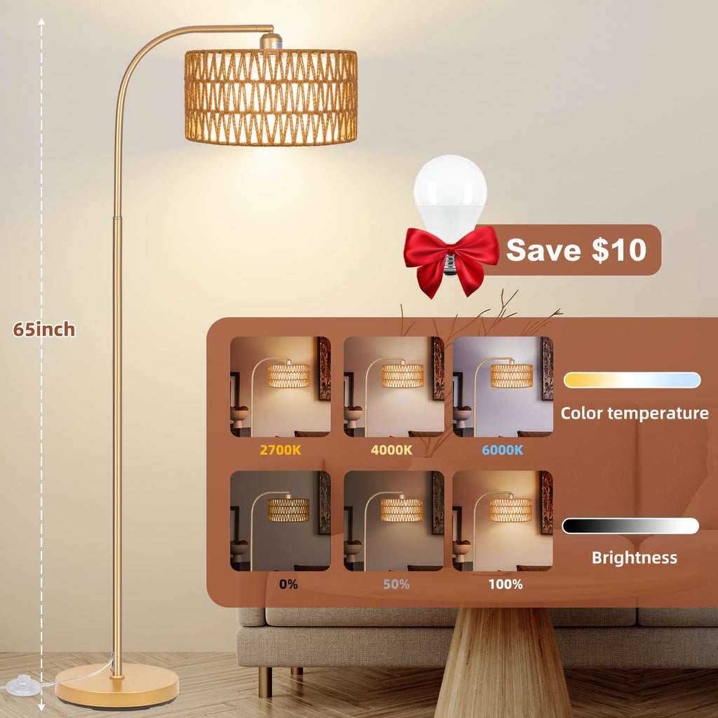 Gold Floor Lamps, Boho Floor Lamp for Room, Farmhouse Rattan Standing Lamps