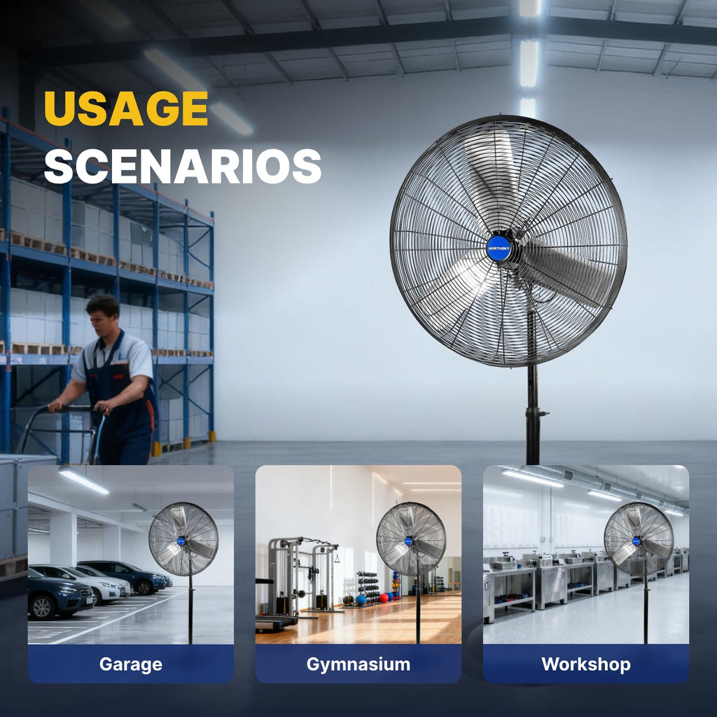 24 Inch High Velocity Oscillating Pedestal Fan,9500 CFM Airflow Heavy Duty Industrial Standing Fan, 2 Speeds, 1/2 HP
