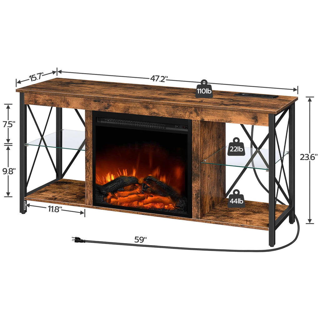 Fireplace TV Stand with Charging Station and LED Lights, TV Stand with Fireplace for TVs up to 55", Entertainment