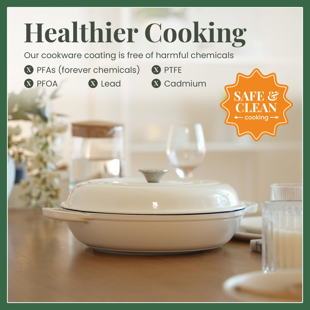 Enameled Cast Iron Braiser | 3.6 qt Braiser Pan with Lid | Shallow Dutch Oven Compatible on All Cooktops | Casserole
