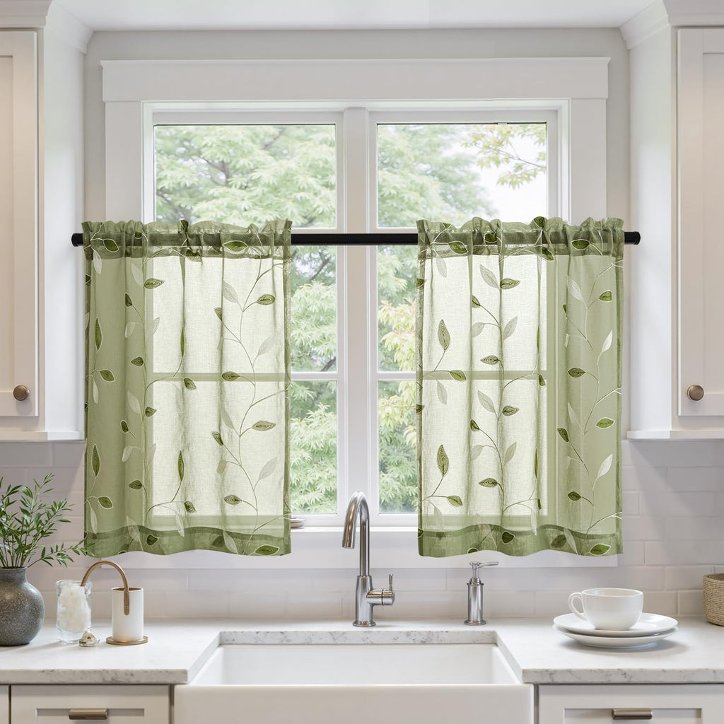 Sage Green Sheer Kitchen Curtains 30x36 Inches Length 2 Panels Embroidered Leaf Patterned Rod Pocket Floral Semi