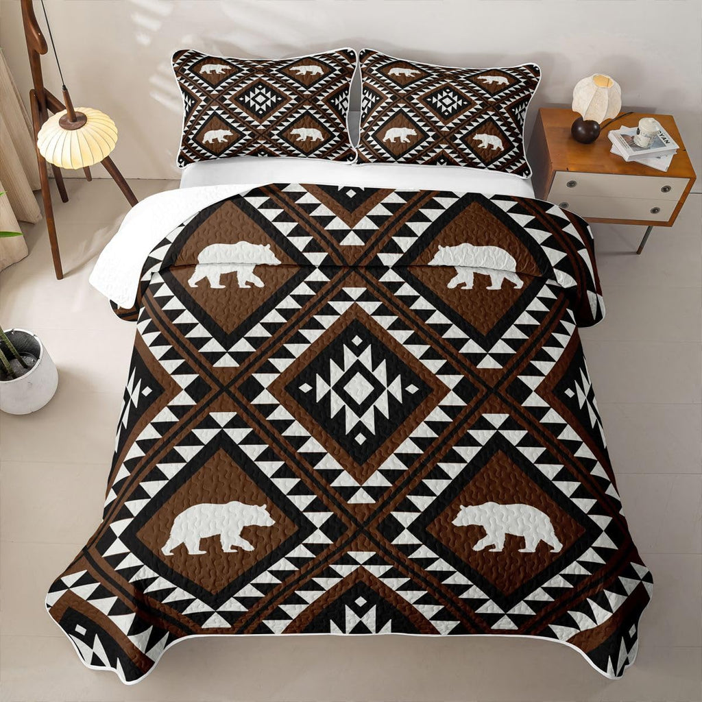 Western Boho Quilt Set Aztec Quilted Bedspread Lightweight Coverlet Set Wild West Bear Bedding Set with