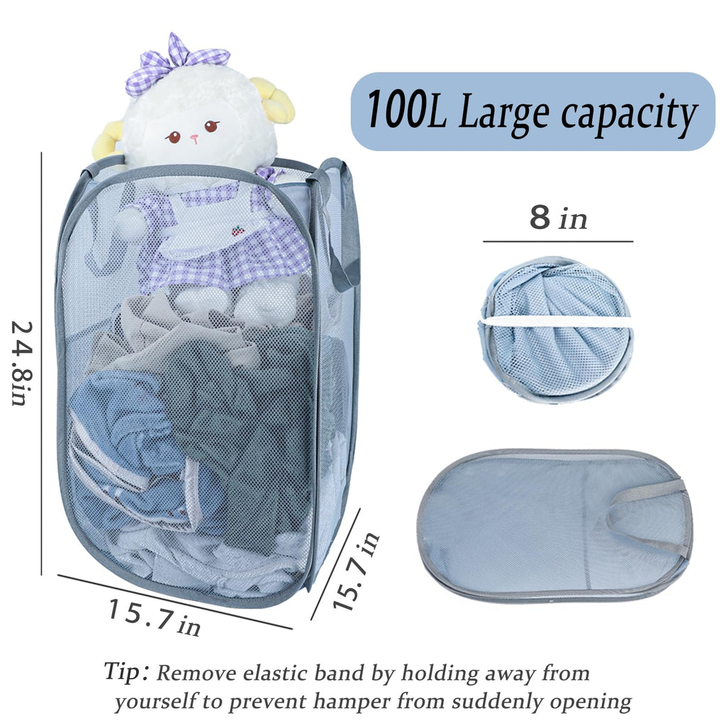 Pop Up Laundry Hamper 100L, Large Collapsible Mesh Basket with Pocket