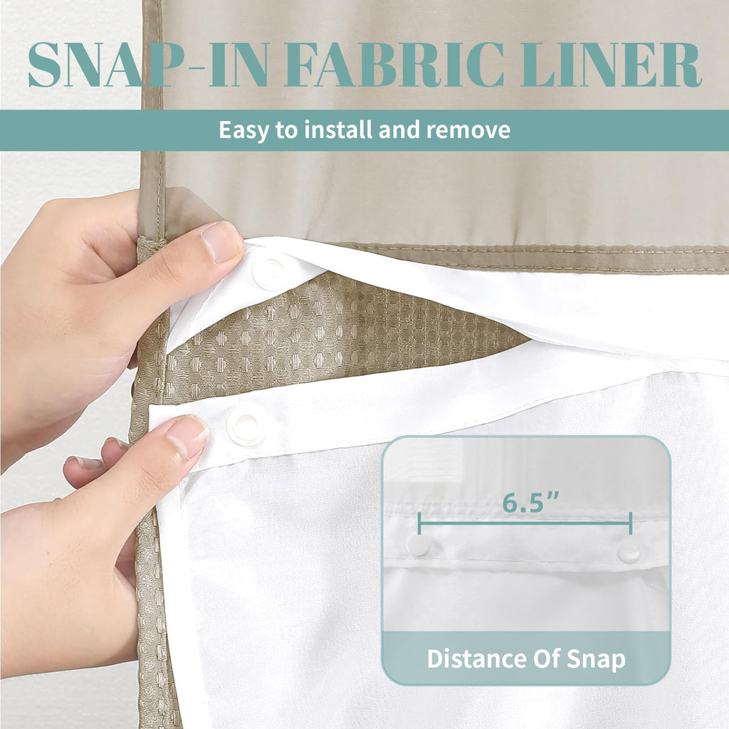 No Hook Waffle Shower Curtain with Snap-in Liner, 71x80 Inch, Khaki