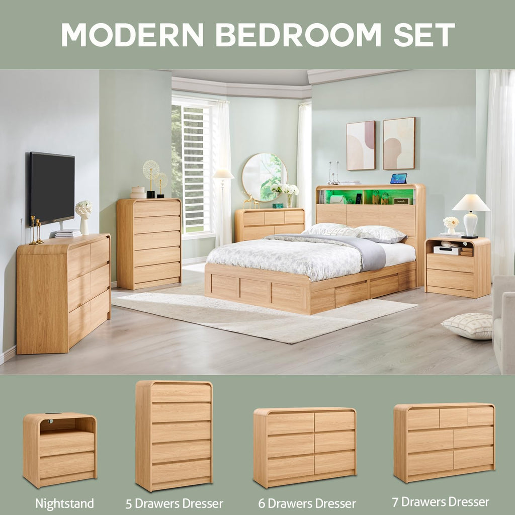 Modern 5 Drawers Dresser, 45" Tall Dresser, Natural Oak