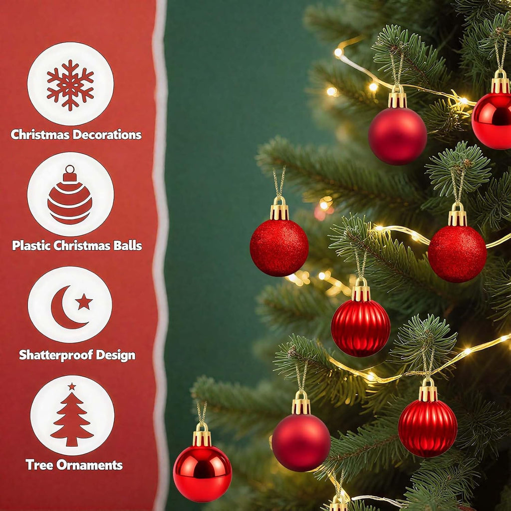 Small Red Christmas Ornaments Balls, 1.2 inch Mini Red Ornaments for Mini Tree, Tiny Plastic Shatterproof - Set of 24