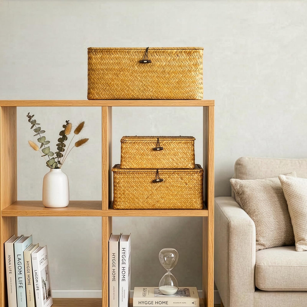 Boho Nesting Shelf Baskets with Lid, Set of 3 Household Organizer Bins, Compact Handwoven Seagrass Wicker Basket for