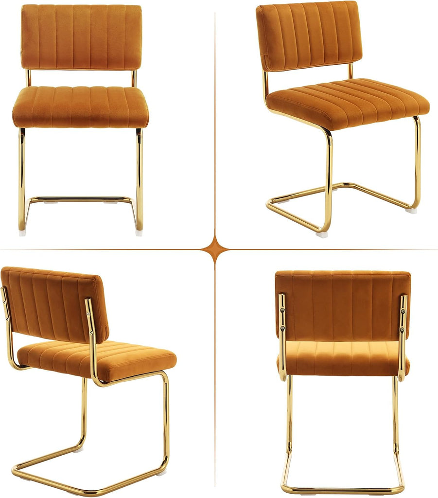 Orange Velvet Dining Chairs Set of 2, Upholstered Kitchen & Dining Room Chair, Comfy Dinner Chair with Gold Metal