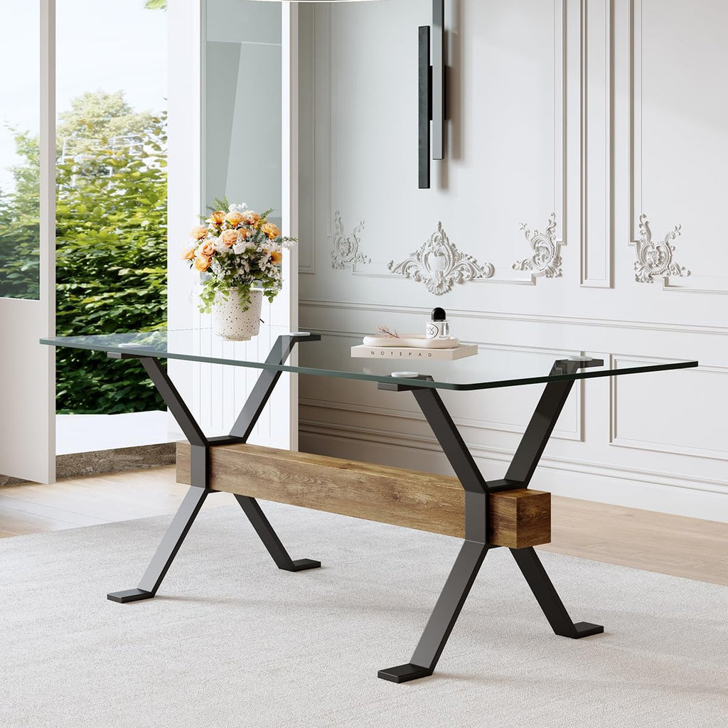 Glass Dining Table 71"|Modern Dining Table for 6-8|0.4" Thick Tempered Glass Top|Matte Black Metal Legs|Wooden