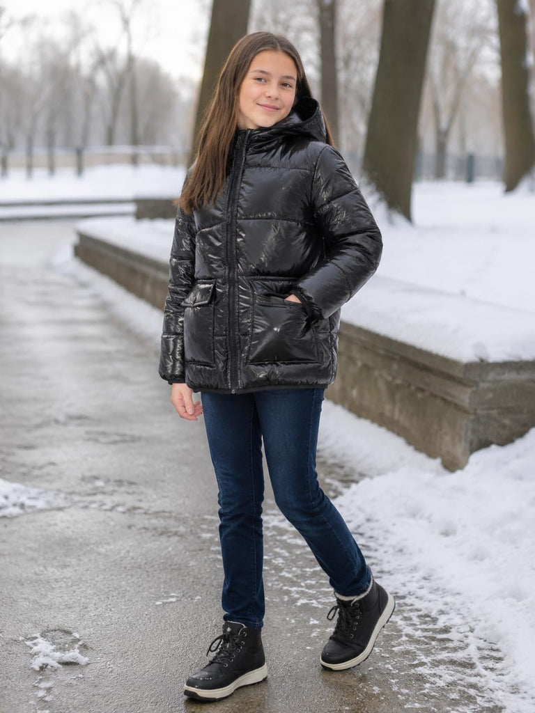 Girls Winter Coat Metallic Shiny Hooded Puffer Jacket