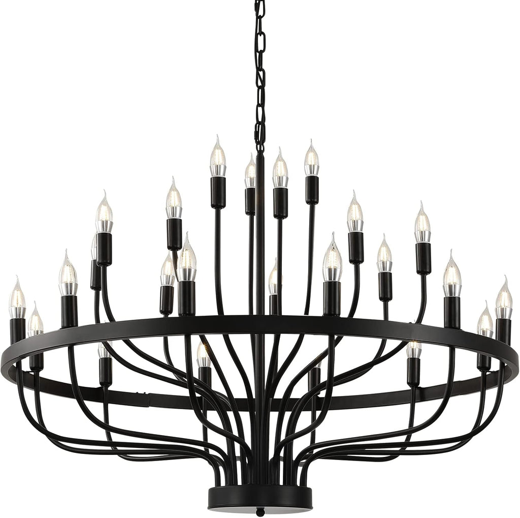 Black Chandelier 24 Light, Modern Farmhouse Chandelier for Dining Room, Round Industrial Candle Chandeliers Light, Wagon Wheel Chandelier 39in 3-Tier for Hallway, Living Room, Foyer, Island Lights A109-B0C3L4C68W