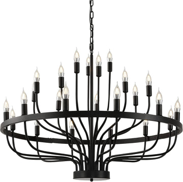 Black Chandelier 24 Light, Modern Farmhouse Chandelier for Dining Room, Round Industrial Candle Chandeliers Light, Wagon Wheel Chandelier 39in 3-Tier for Hallway, Living Room, Foyer, Island Lights