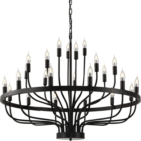 Black Chandelier 24 Light, Modern Farmhouse Chandelier for Dining Room, Round Industrial Candle Chandeliers Light, Wagon Wheel Chandelier 39in 3-Tier for Hallway, Living Room, Foyer, Island Lights A109-B0C3L4C68W