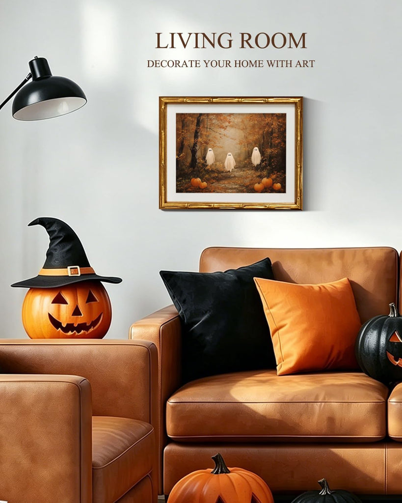 Gold Bamboo Framed Fall Wall Art, Autumn Halloween Ghosts, 11x14in
