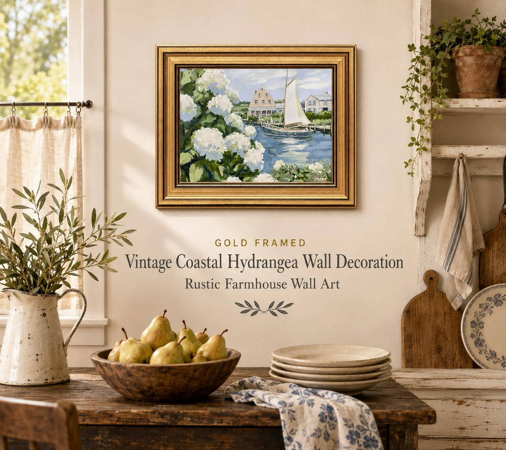 Gold Framed Vintage Coastal Canvas Wall Art, Hydrangea Seascape Wall Decor