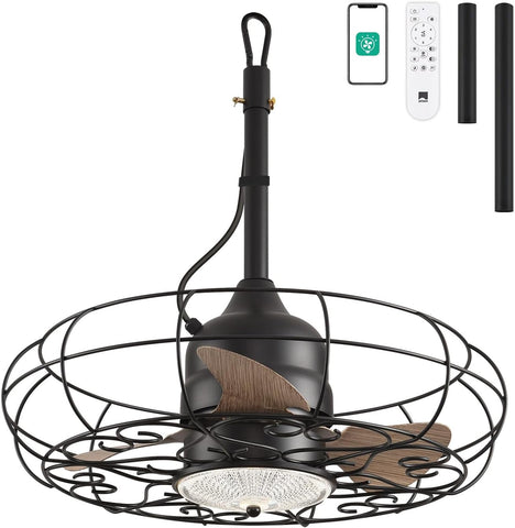 Outdoor Ceiling Fans with Light, 21'' Wet Rated Outdoor Hanging Fan for Gazebo, Plug in Caged Lighting for Pergola Canopy, Hanging with Hook, 3 Color LED Light, Waterproof