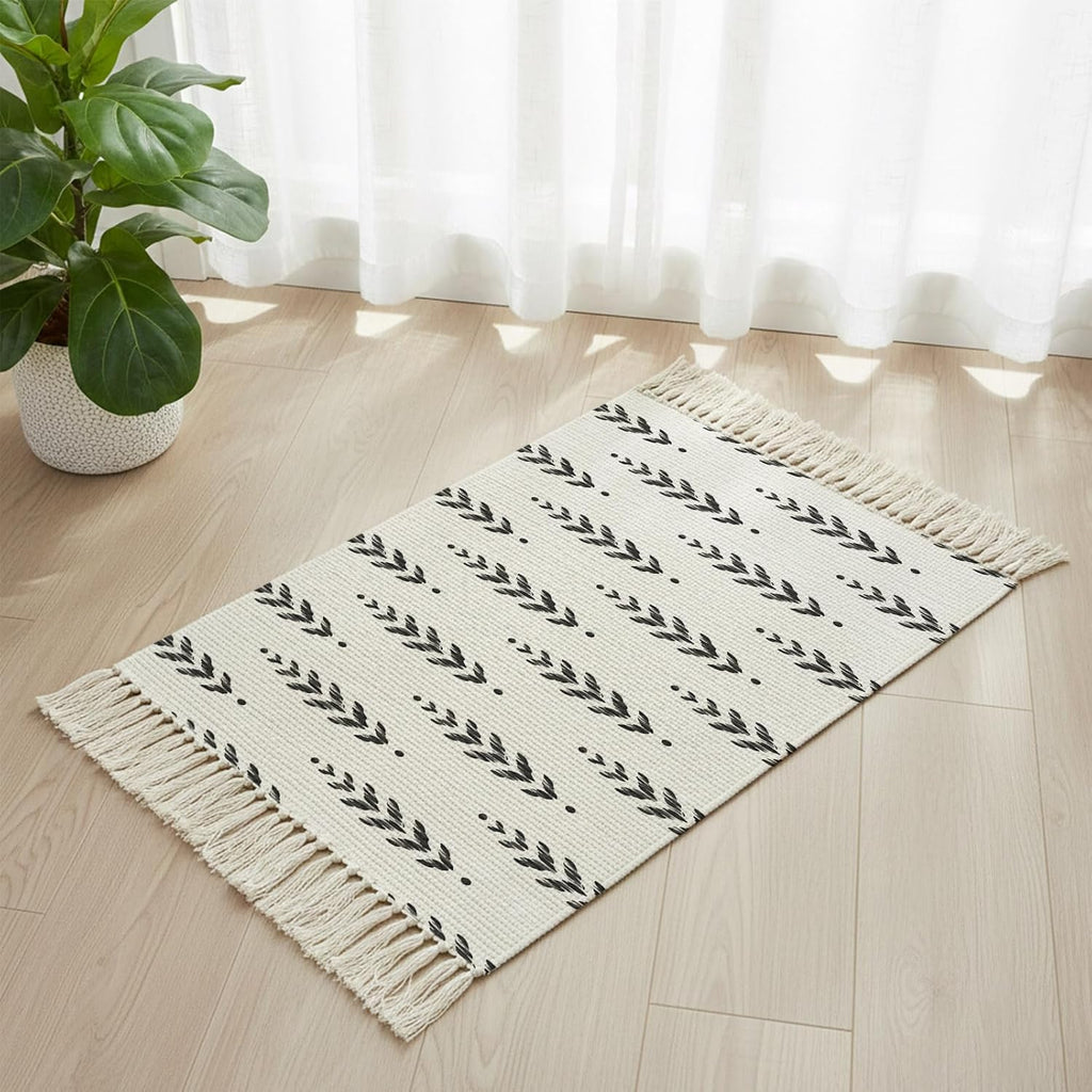 Modern Scandi Botanical Leaves Kitchen Runner Rug Boho Tassel Rugs Floor Carpet, Minimalist Black Leaf on White