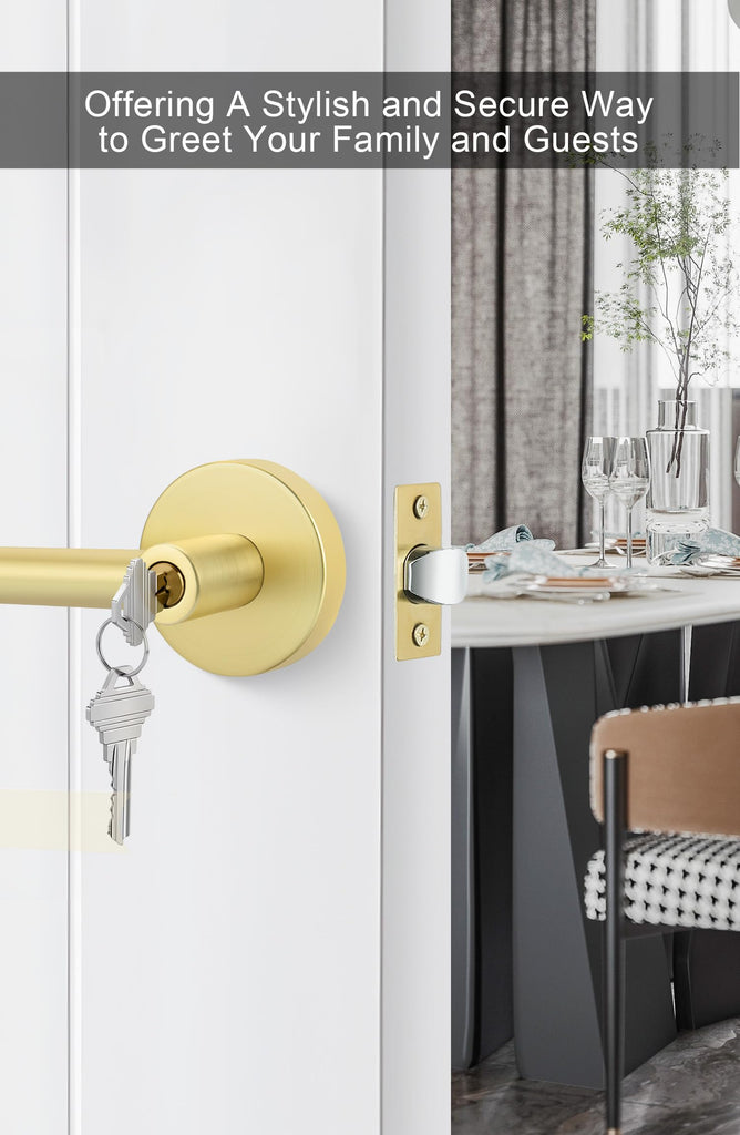 Entry Door Handle with Lock and Key, Zinc Alloy Heavy Duty Gold Exterior Door Handle, Keyed Door Lever with Locks and