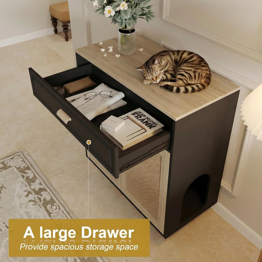 Cat Litter Box Enclosure Furniture Hidden Indoor 2-in-1 Wooden Cat House & Washroom Cabinet with Scratching Board