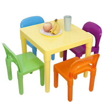 Kids Plastic Table and 4 Chairs Set, Multicolor Play Room Furniture for Reading, Train, Art, Crafts, Play