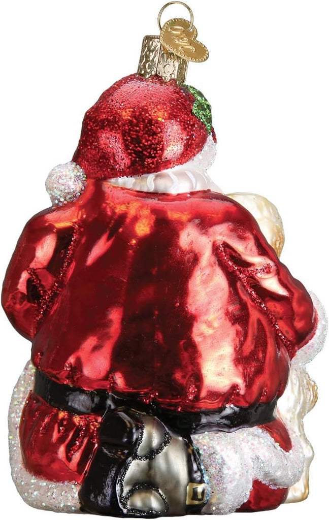 Santa's Puppy Love Glass Blown Ornament, Handcrafted Holiday Decoration, Santa Collection