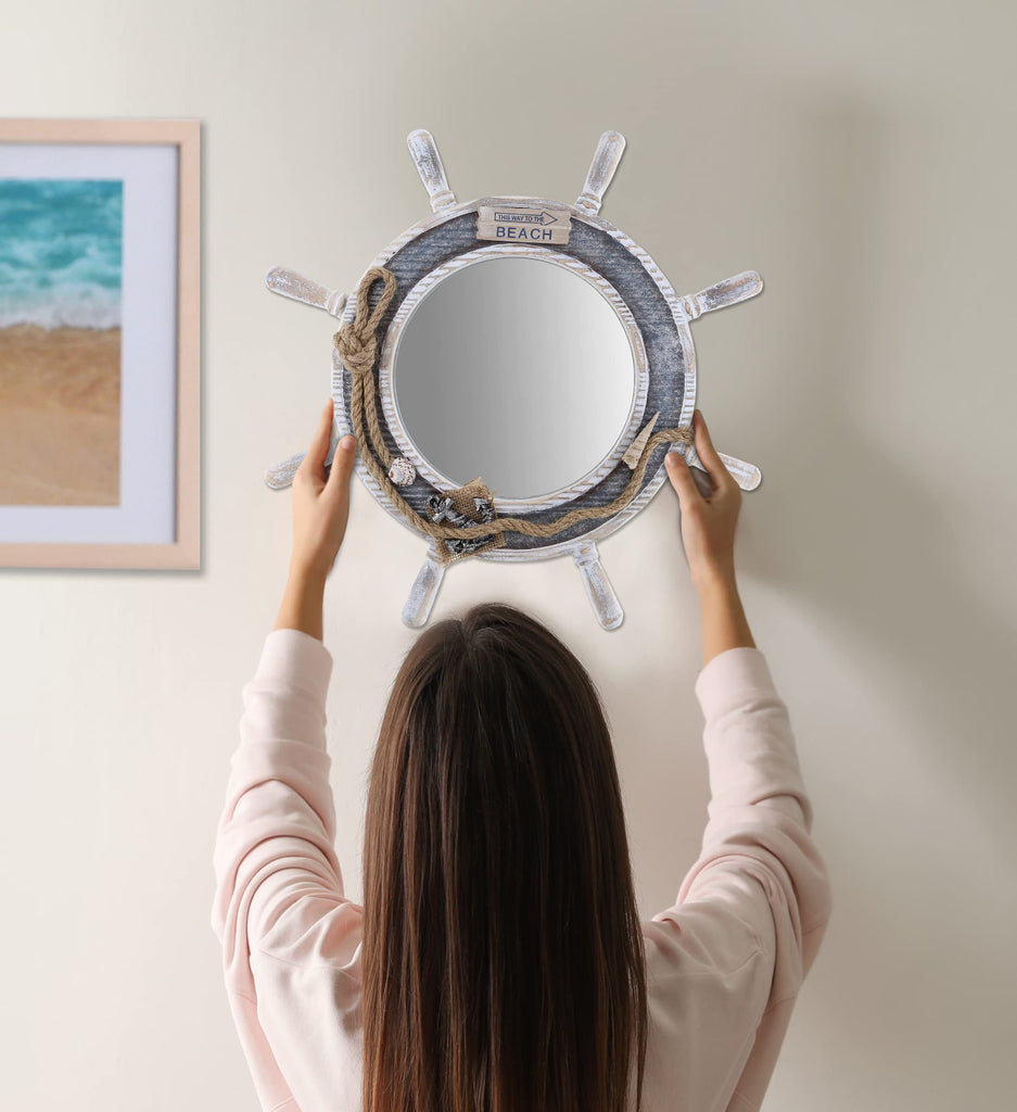 Silver Sea Beach Wall Decor Nautical Ship Wheel Mirror - Handcrafted Wooden Ship Wheel Mirror with Hanger, Nautical