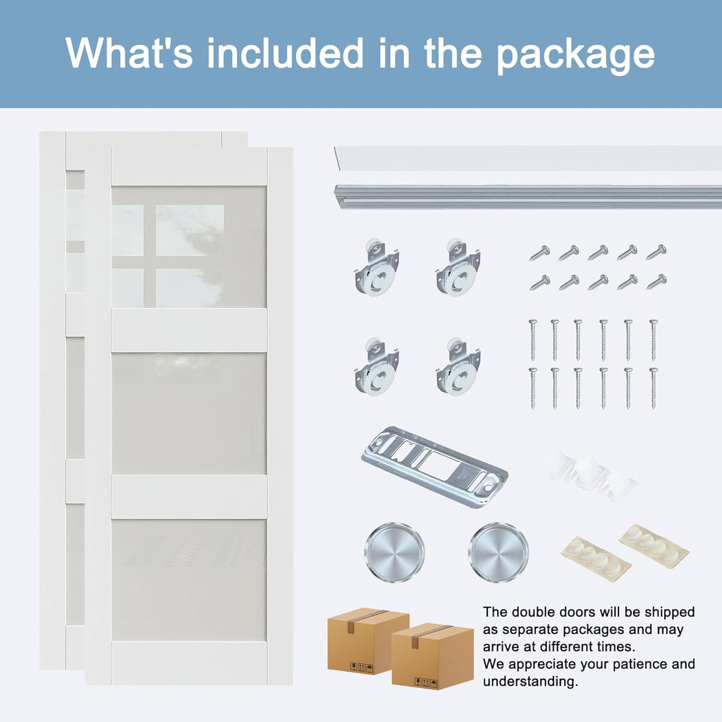 Paintable Sliding Closet Doors, 96" x 80" Bypass Slidng Door Panels with Hardware Kit, 3-Lite Froste