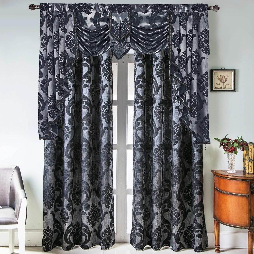 Halloween Black Waterfall Valance for Windows Luxury Gothic Valance Curtains, Bay Window, Jacquard Damask Window