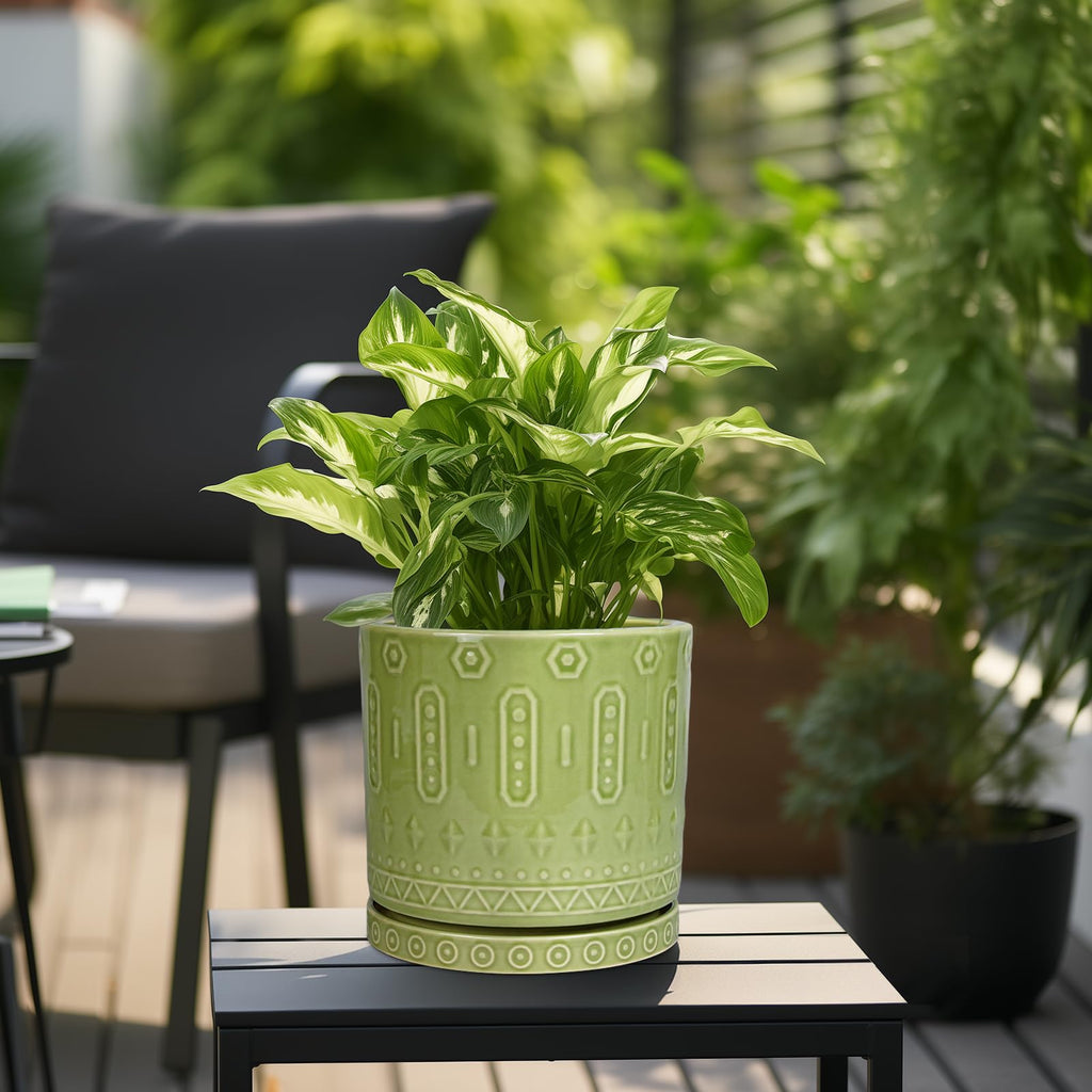 Ceramic Pot for Plants - 10 Inch Indoor Plant Pots with Drainage Holes and Saucer, Boho Round Planter Outdoor
