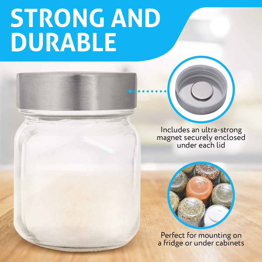 Clear Glass Magnetic Spice Jars - 15-Pack, 4 Oz, 60 Labels - Magnet Spice Jars for Refrigerator with Magnet Lids